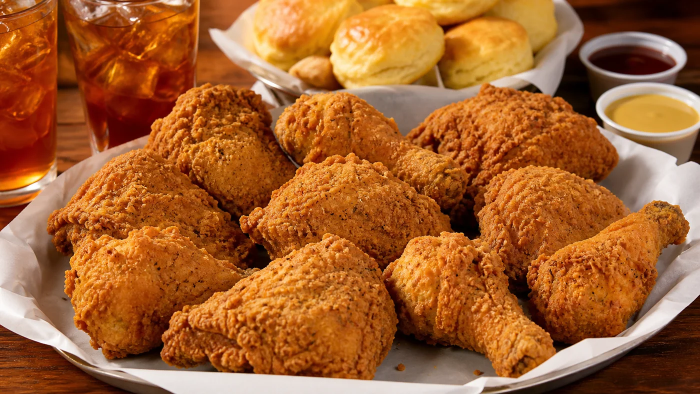 Church's 10PC Legs and Thighs bone-in fried chicken pieces with biscuits, sauces, and iced tea nearby