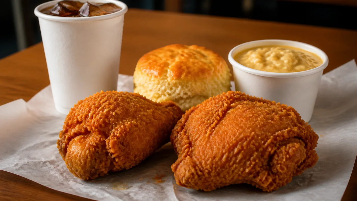 Church's 2PC Chicken meal with two fried chicken pieces, regular side, drink, and Honey-Butter Biscuit