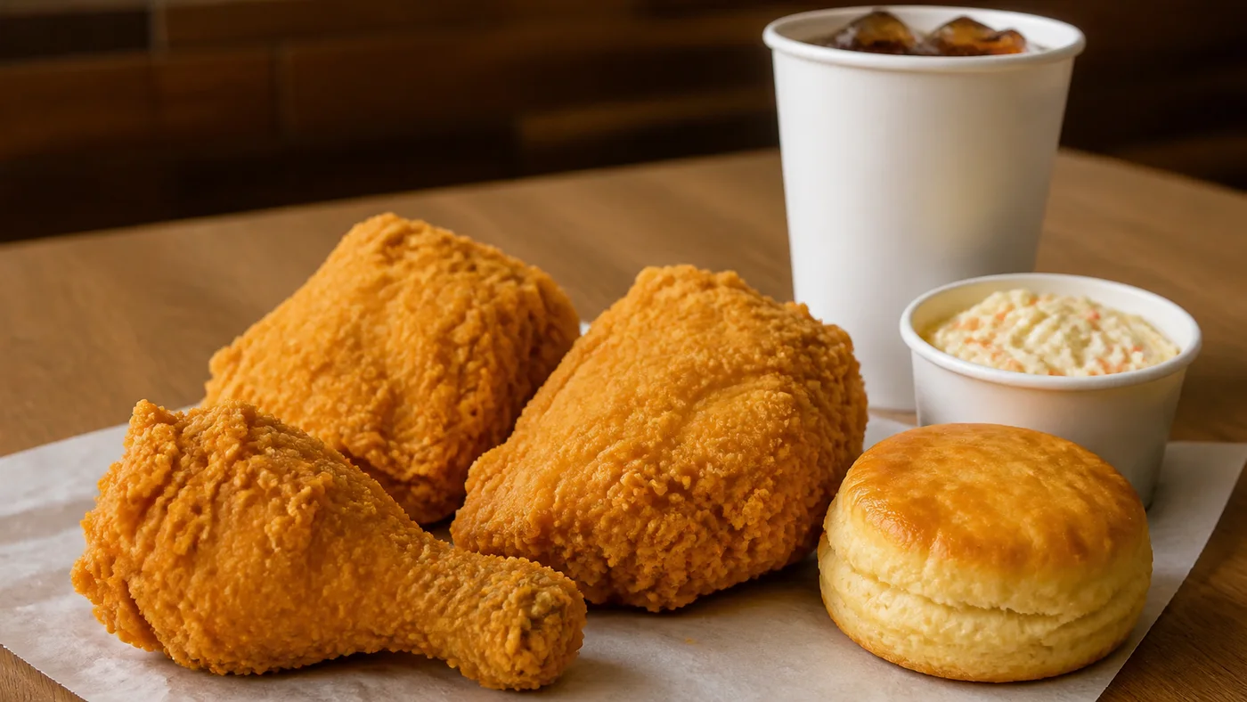 Church's 3PC Chicken meal with three fried chicken pieces, regular side, drink, and Honey-Butter Biscuit
