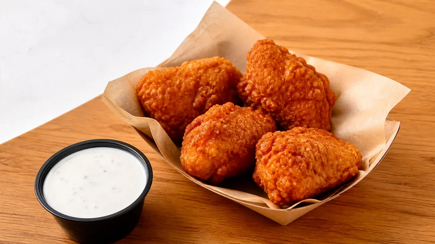 Church's 4PC Boneless Wings snack with four crispy boneless chicken pieces and dipping sauce