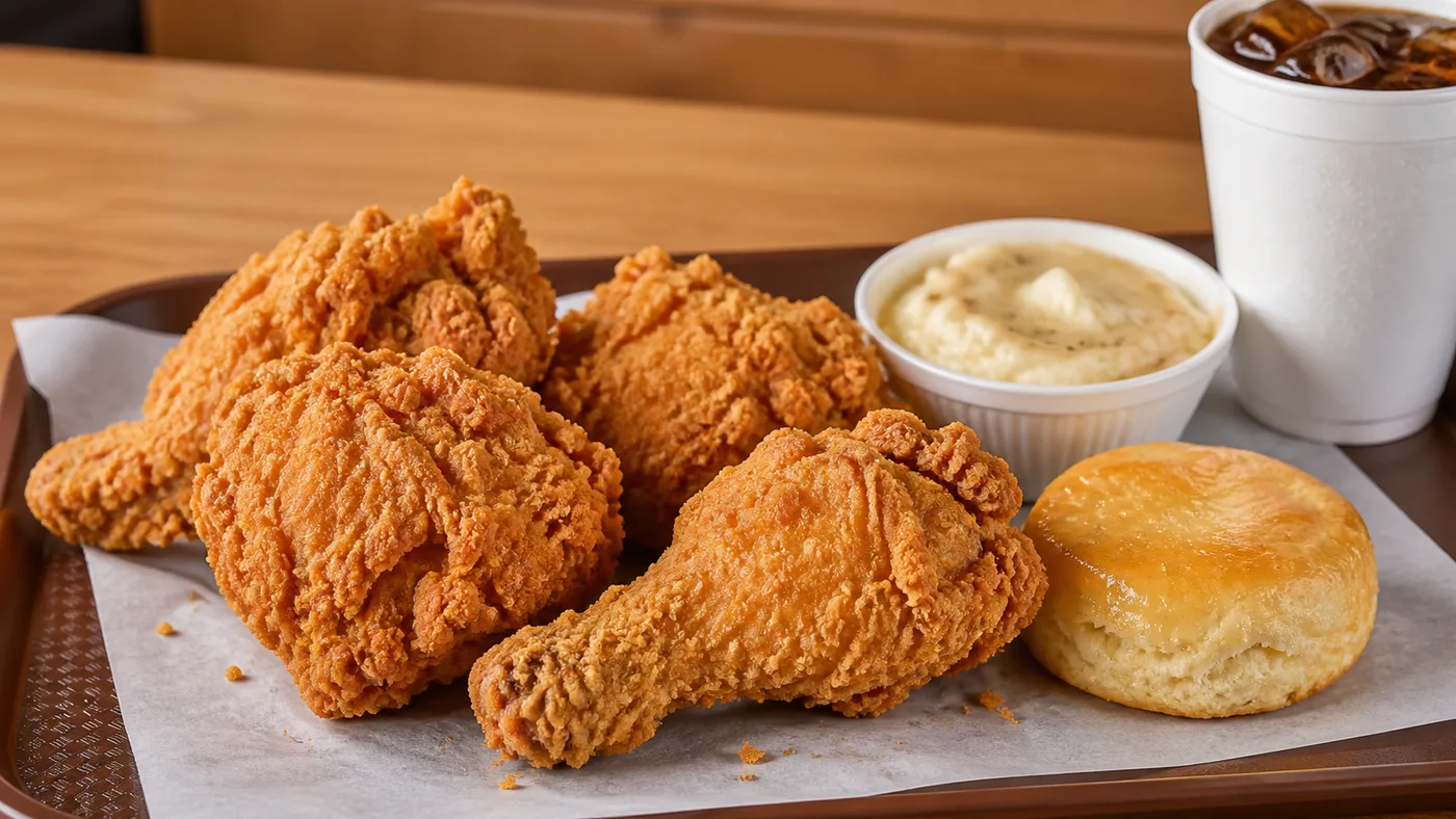 Church's 4PC Chicken meal with four fried chicken pieces, regular side, drink, and Honey-Butter Biscuit