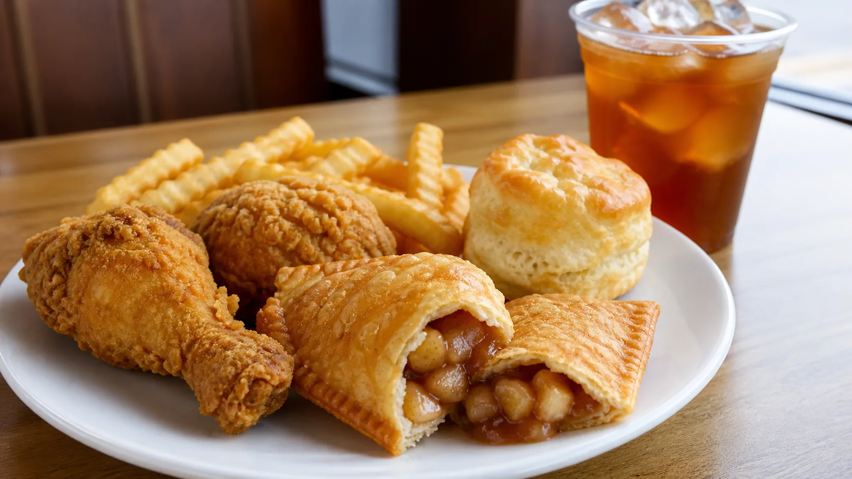 Church's Apple Pie with apple cinnamon filling beside fried chicken, fries, Honey-Butter Biscuit, and iced tea
