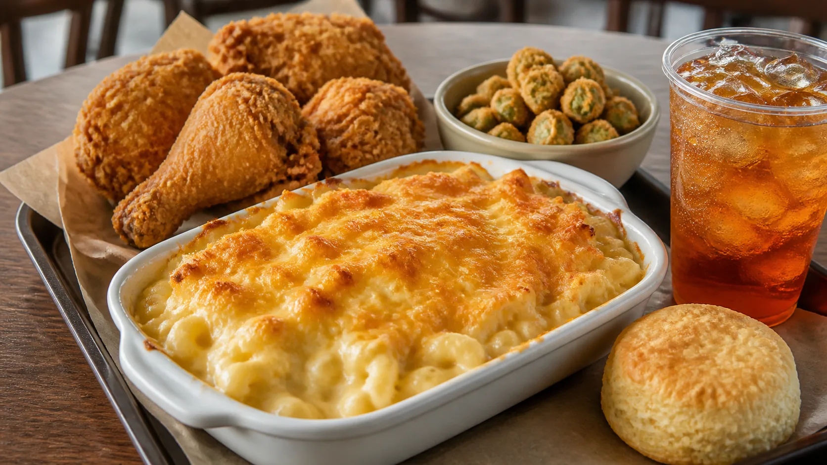 Church's baked mac and cheese with fried chicken, biscuit, fried okra, and iced tea