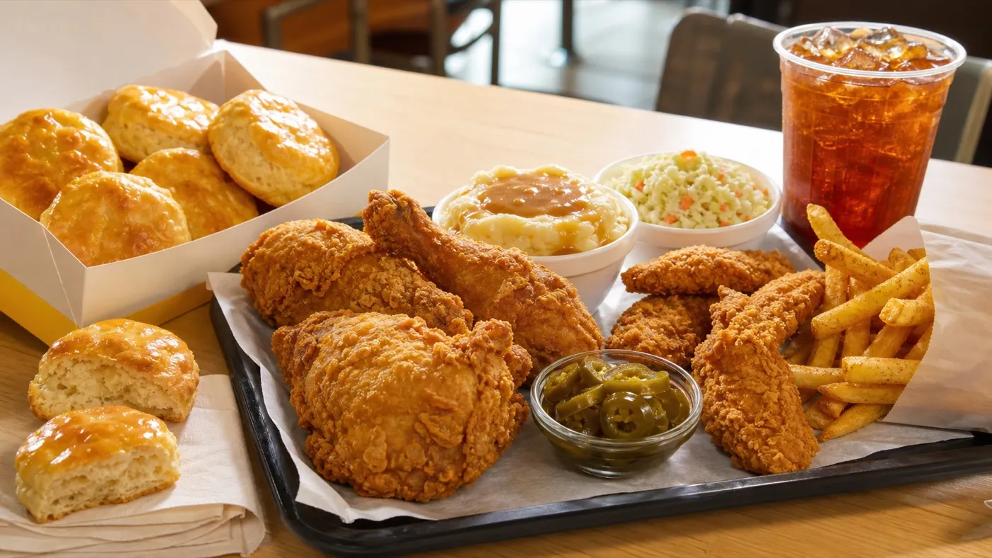Church's Honey-Butter Biscuits with fried chicken, tenders, fries, coleslaw, mashed potatoes, jalapeños, and sweet tea