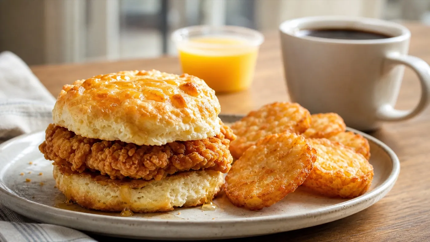 Chicken biscuit breakfast with hash rounds, coffee, and orange juice for Church's breakfast menu guide