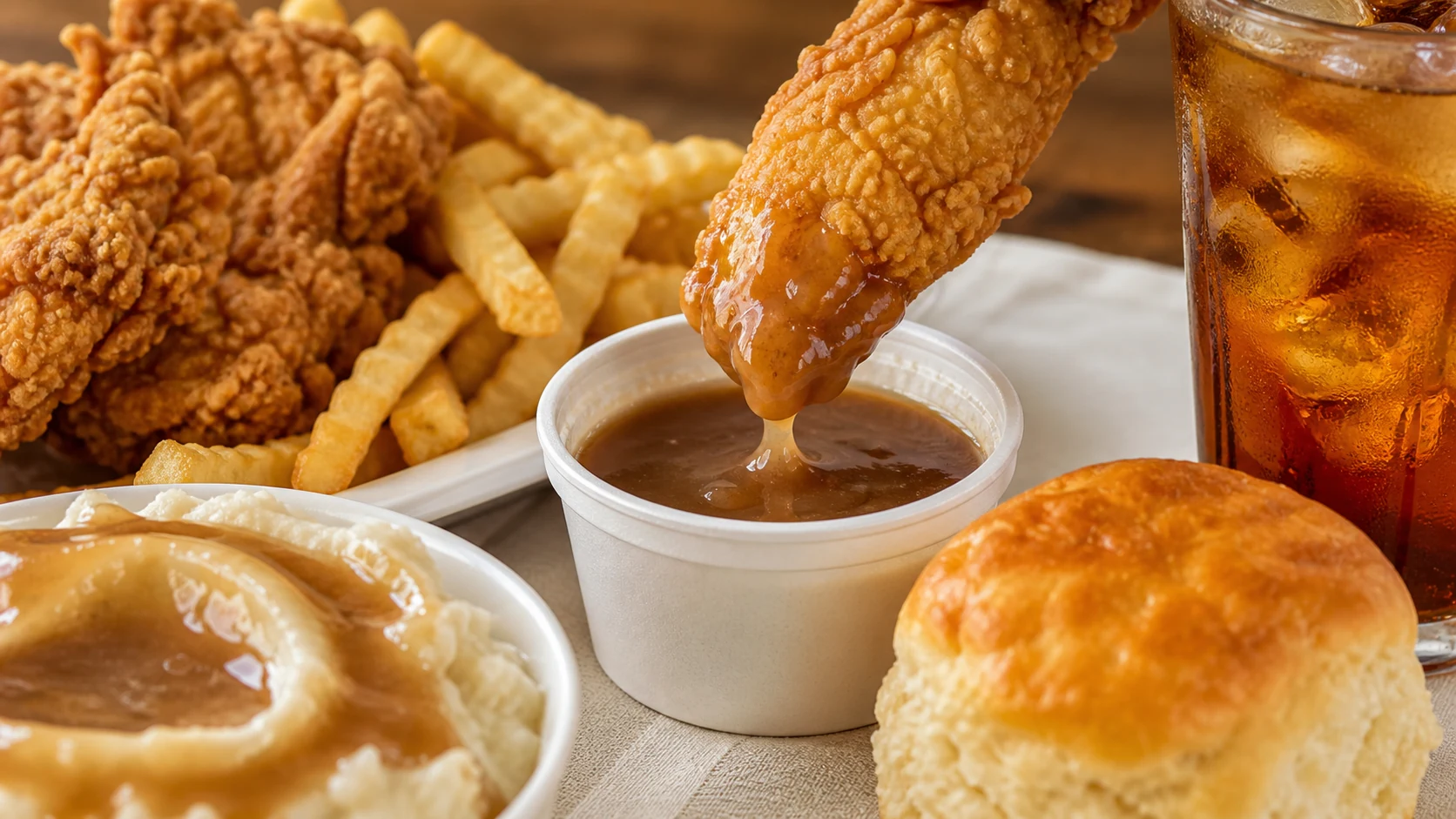 Church's Brown Gravy cup with chicken tender, mashed potatoes, fried chicken, fries, biscuit, and iced tea