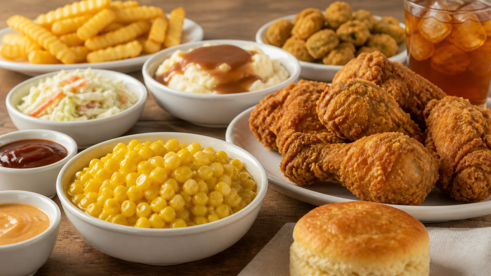 Church's Buttered Corn with fried chicken, biscuit, fries, fried okra, coleslaw, mashed potatoes, sauces, and iced tea