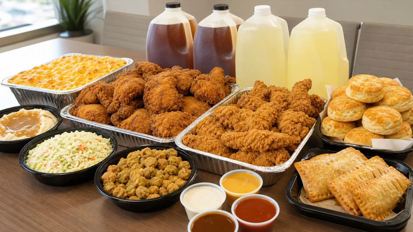 Church's catering spread with fried chicken, tenders, biscuits, sides, sauces, apple pies, and gallon drinks