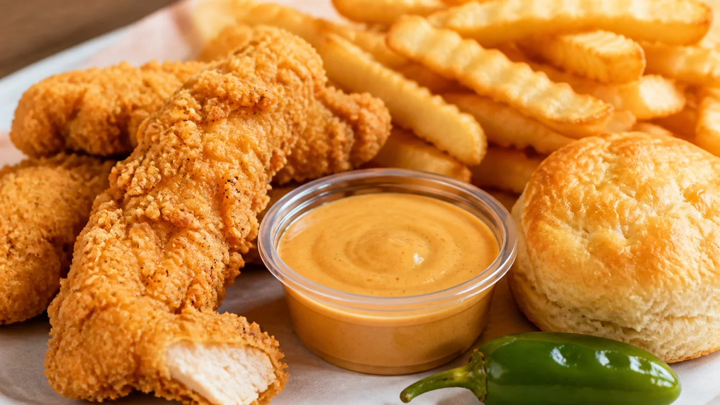 Church's Churchie Sauce cup with fried chicken tenders, crinkle fries, biscuit, and jalapeno pepper
