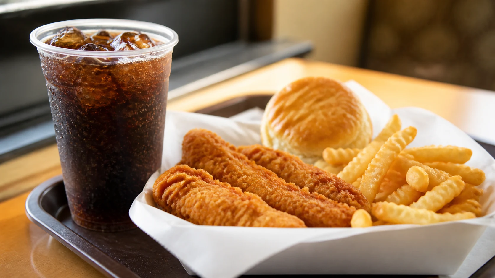Church's Coke style fountain cola with ice beside tenders, fries, and biscuit