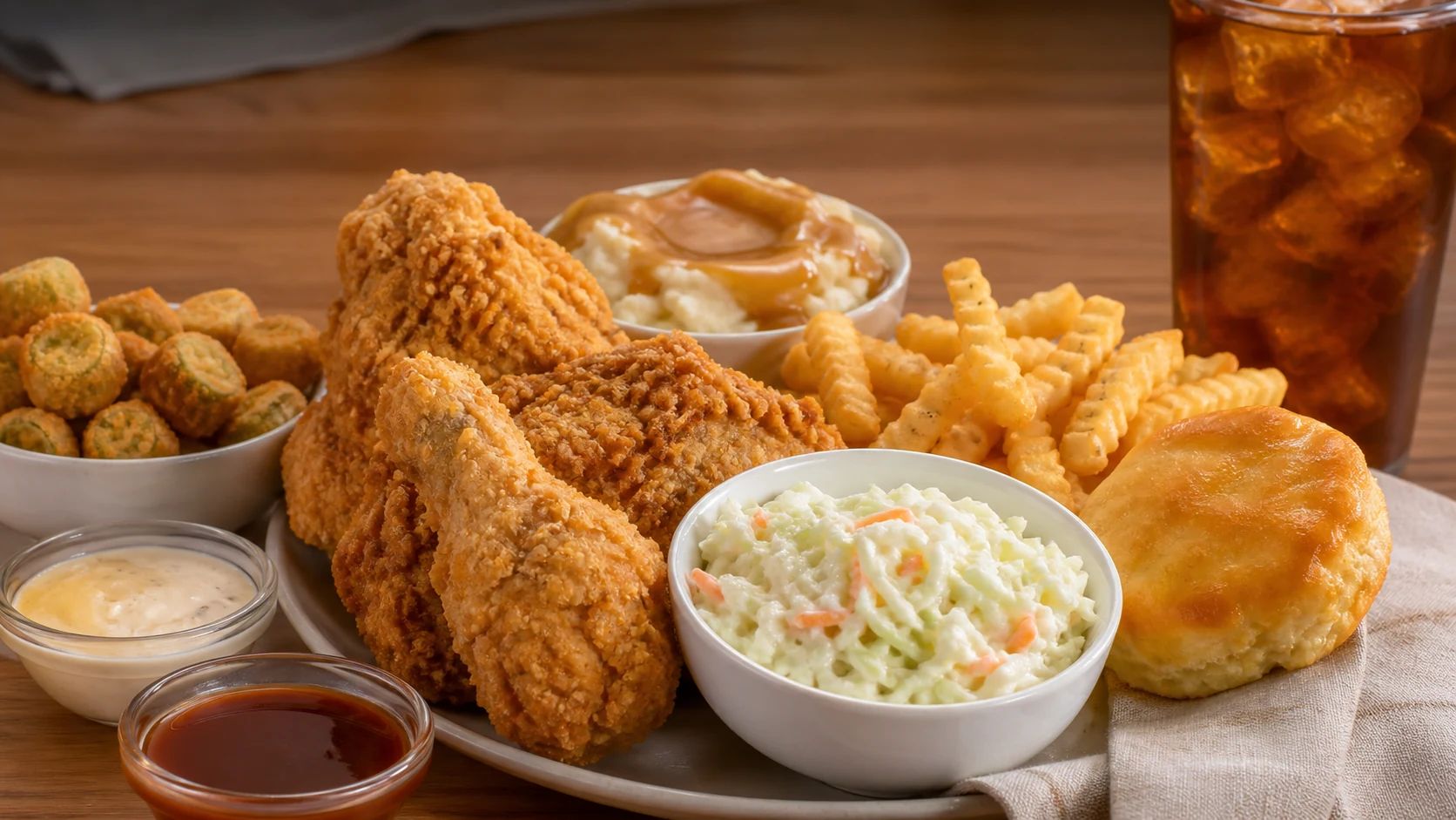 Church's Coleslaw with fried chicken, fries, biscuit, fried okra, mashed potatoes, sauces, and iced tea