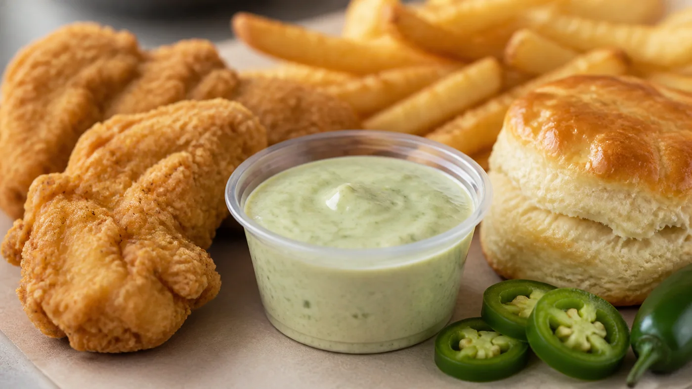 Church's Creamy Jalapeño sauce cup with fried chicken tenders, fries, biscuit, and sliced jalapeños