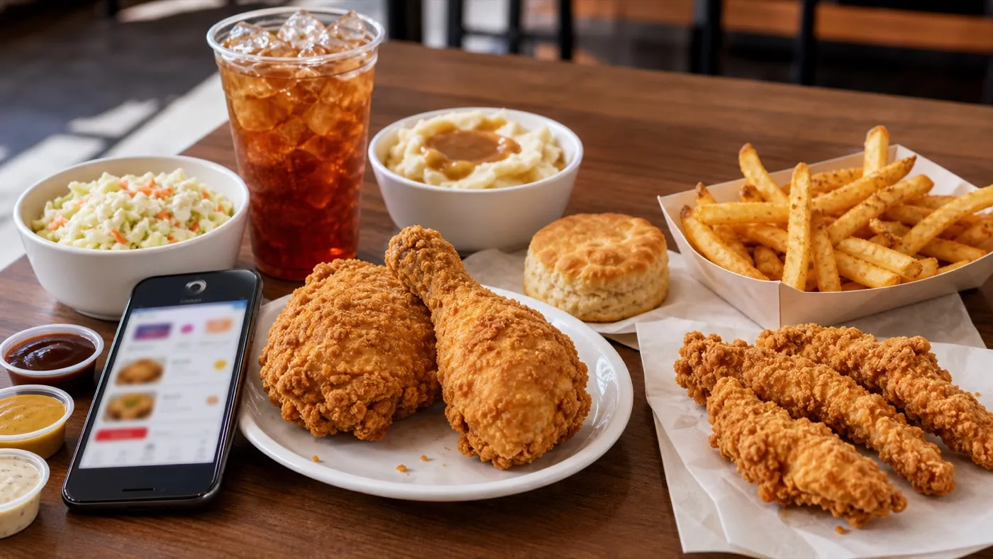 Church's value meal spread with fried chicken, tenders, biscuit, sides, sauces, tea, and rewards app phone