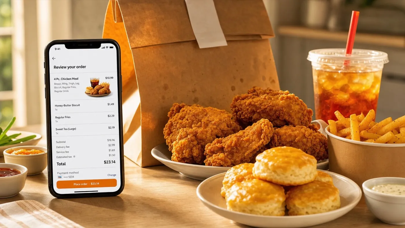 Church's delivery checkout comparison with fried chicken meal, biscuits, fries, sauces, and iced tea