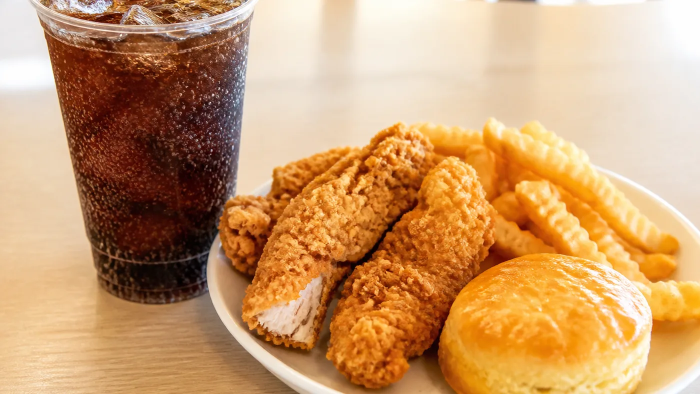 Church's Dr Pepper style fountain drink with ice beside tenders, fries, and biscuit