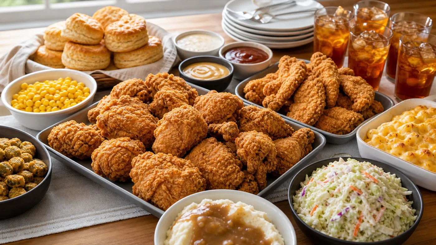 Church's family meal spread with fried chicken, tenders, sides, biscuits, sauces, and iced tea