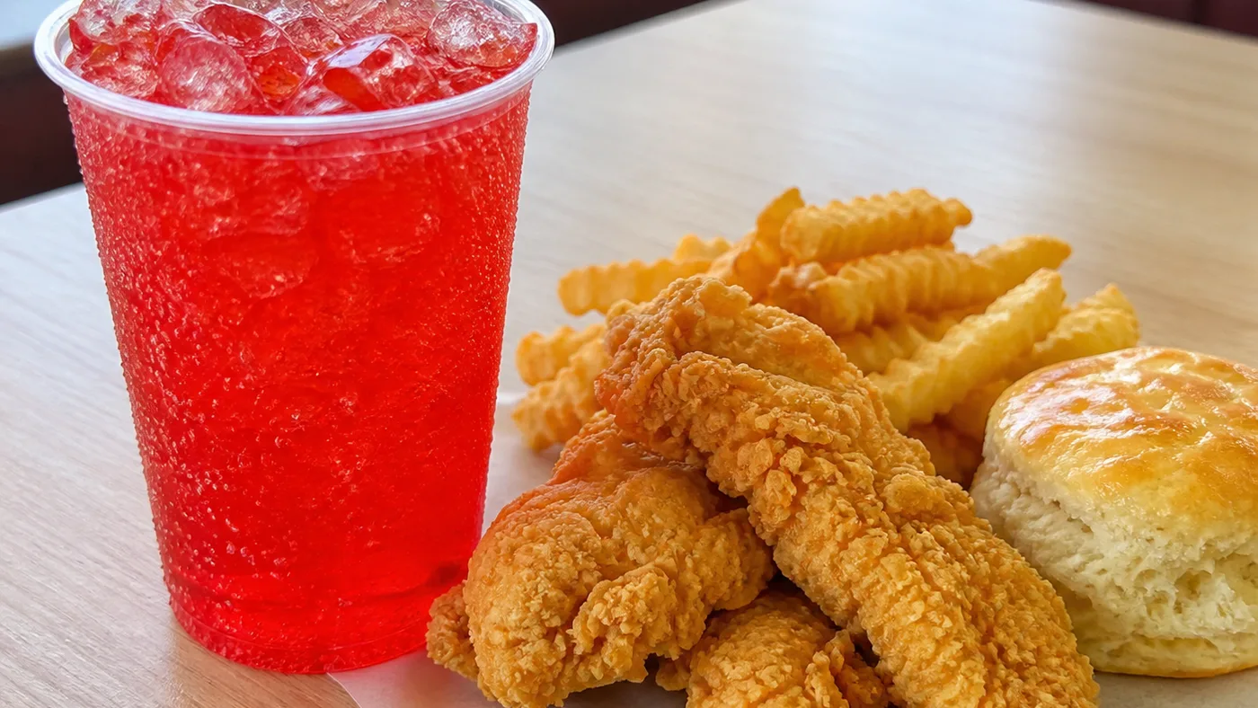 Church's Fanta Strawberry style red fountain drink with ice beside tenders, fries, and biscuit