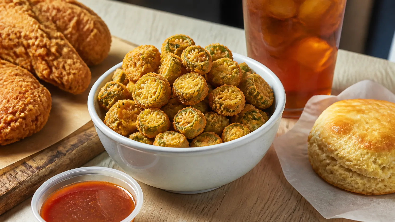Church's fried okra with fried chicken, biscuit, dipping sauce, and iced tea