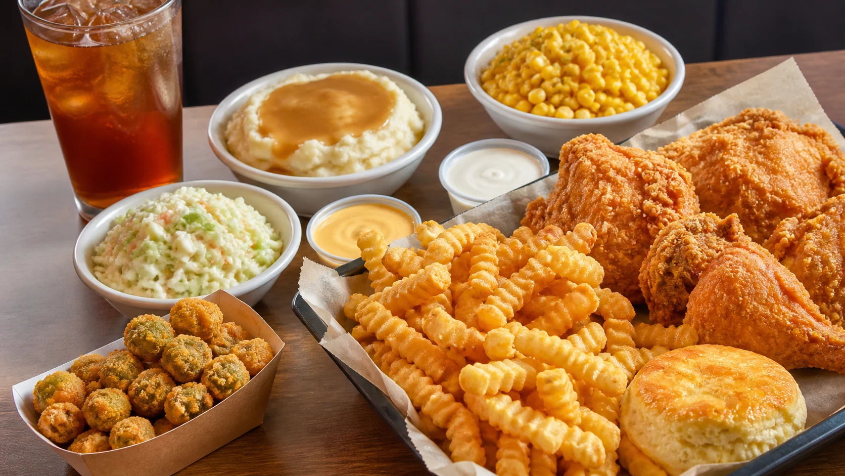 Church's crinkle-cut Fries with fried chicken, biscuit, fried okra, coleslaw, buttered corn, mashed potatoes, sauces, and iced tea