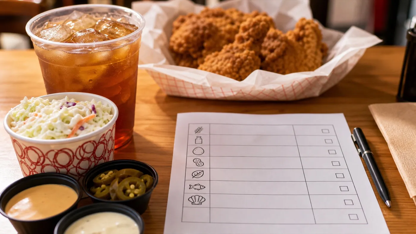 Gluten-sensitive Church's menu planning with coleslaw, sauces, iced tea, jalapenos, and fried chicken cross-contact context