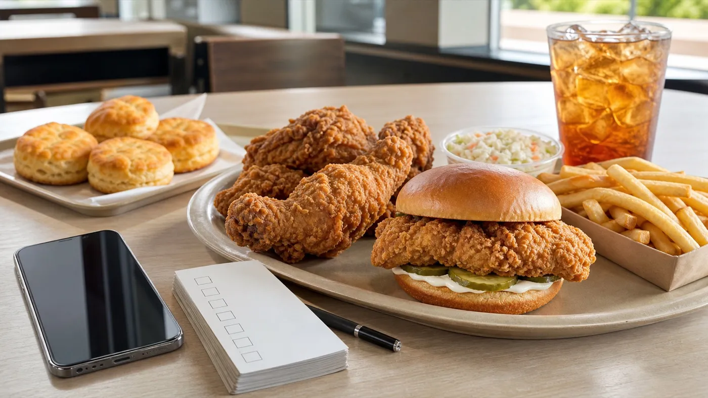 Church's style fried chicken meal with sandwich, biscuits, sides, tea, phone, and ingredient checklist