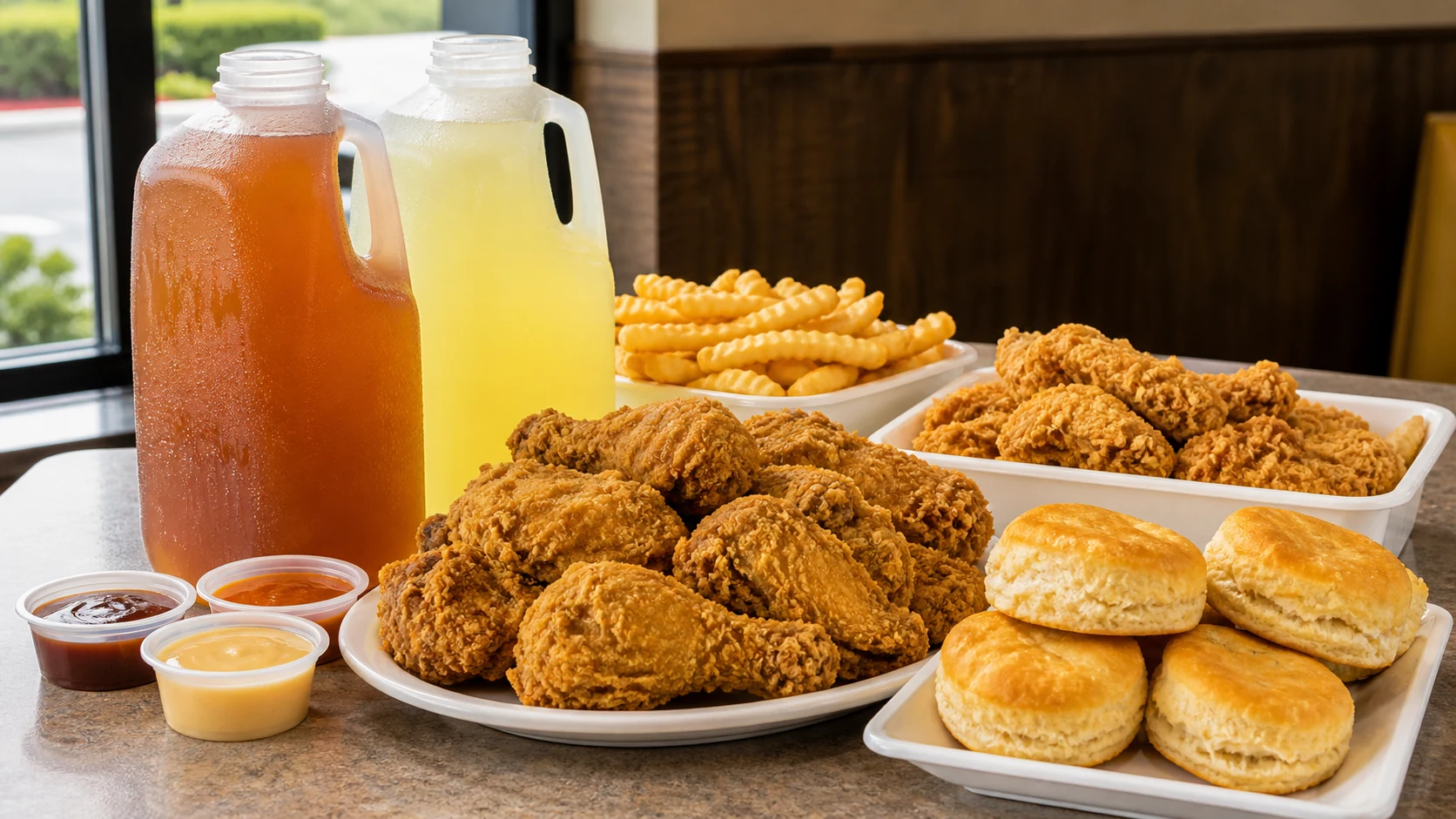 Church's half-gallon drinks with fried chicken, biscuits, fries, and sauces