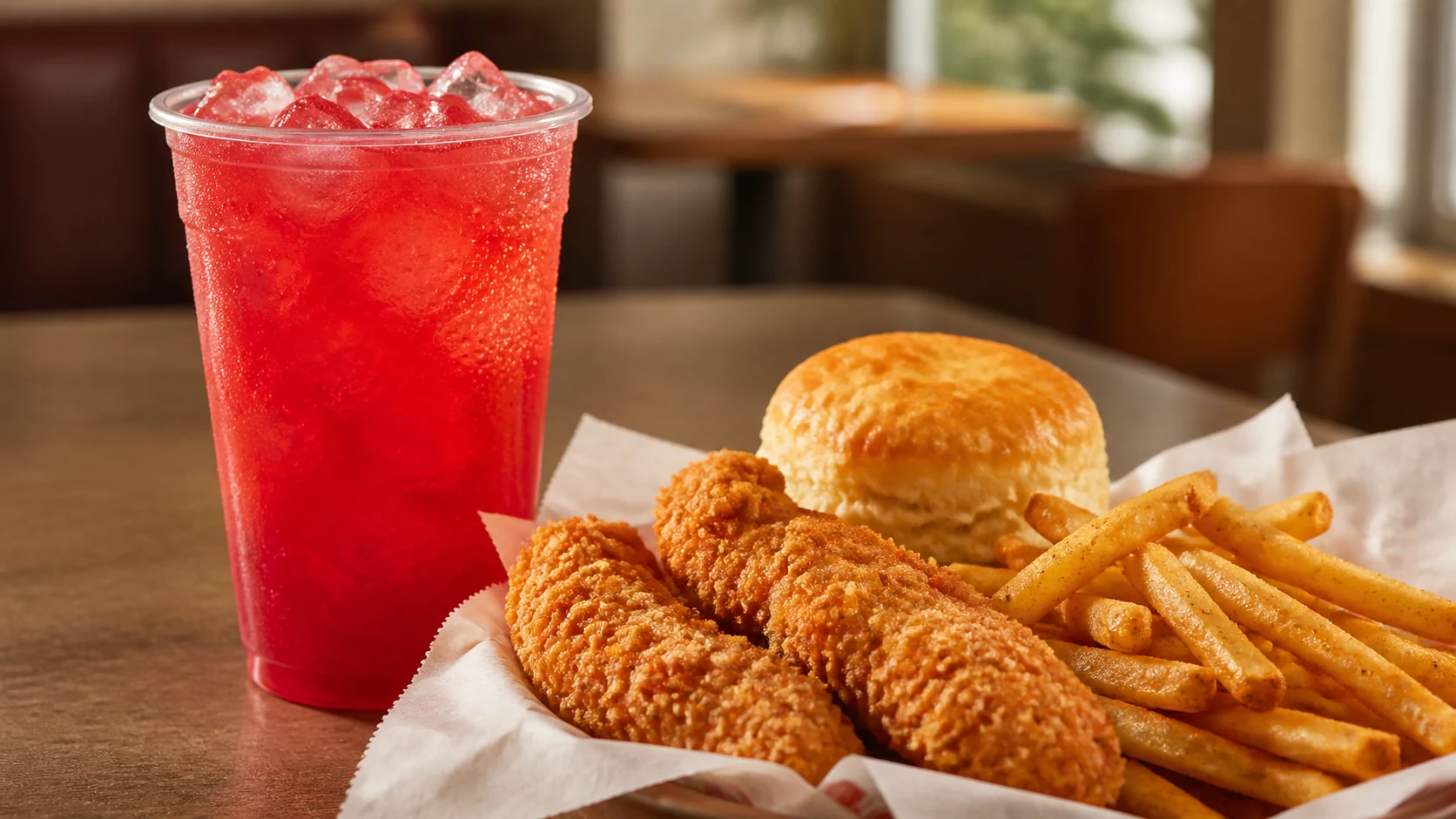 Church's Hi-C Flashin' Fruit Punch style red fountain drink with ice beside tenders, fries, and biscuit