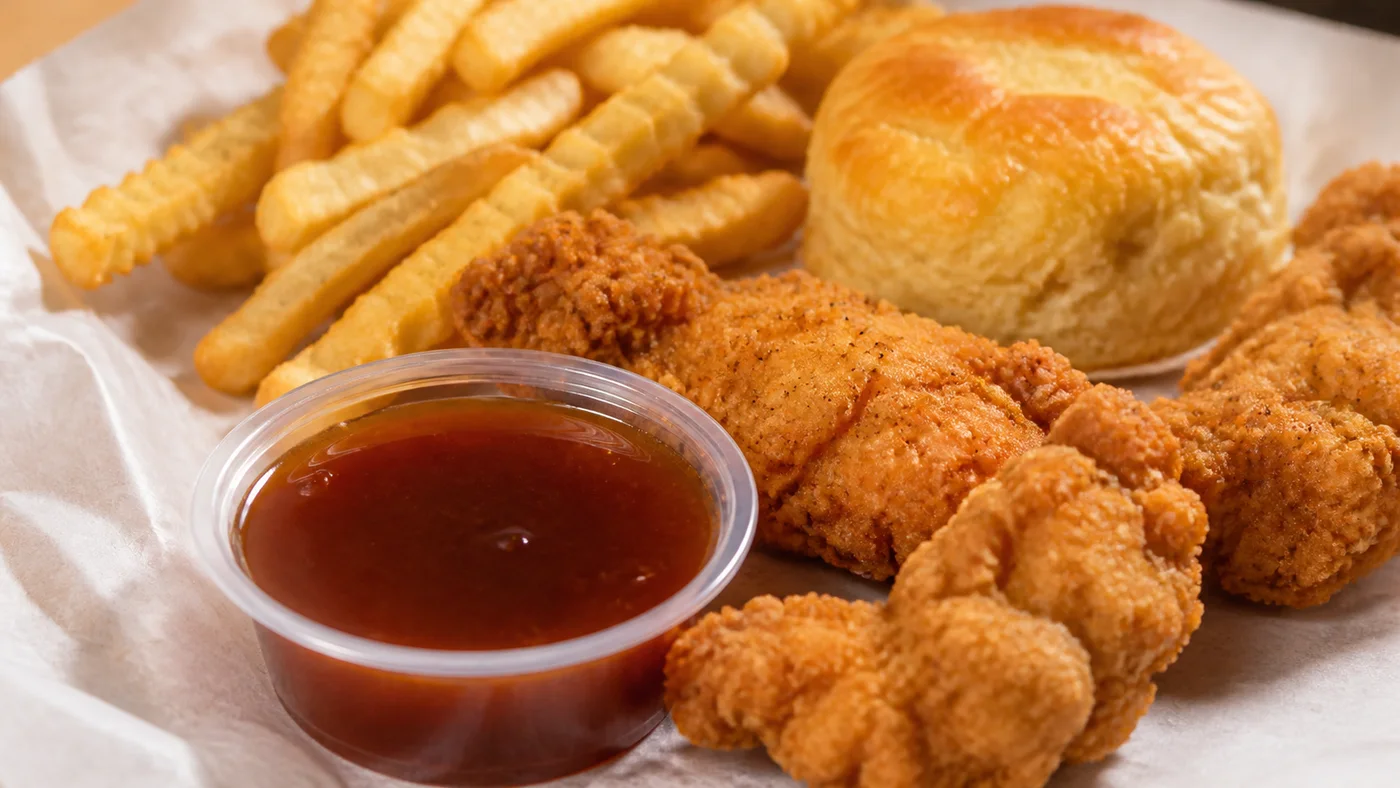 Church's Honey BBQ sauce cup with fried chicken tenders, crinkle fries, biscuit, and barbecue-style dipping sauce