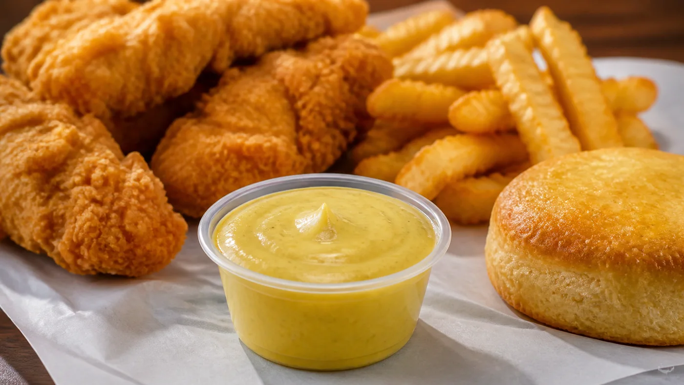 Church's Honey Mustard sauce cup with fried chicken tenders, crinkle fries, biscuit, and creamy yellow dipping sauce