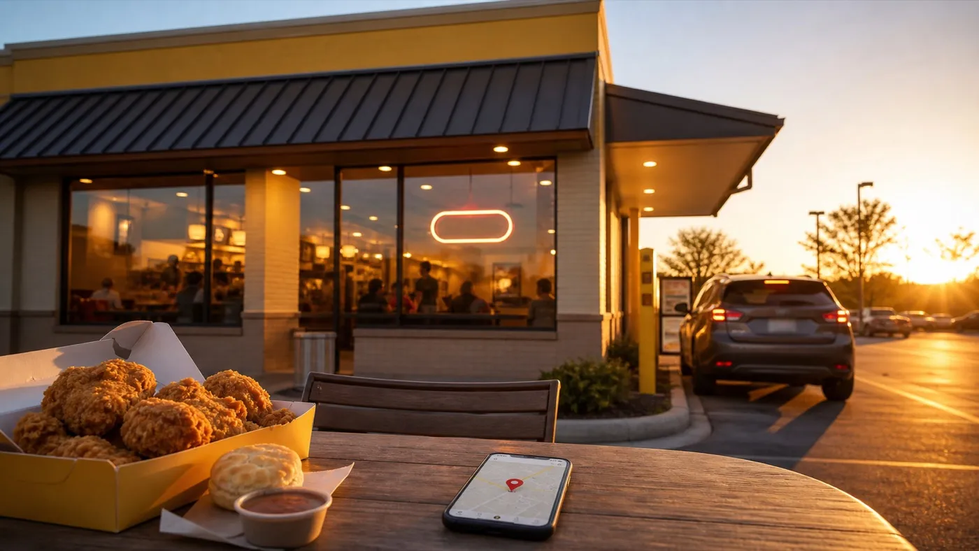 Church's style restaurant storefront with drive-thru and location planning context