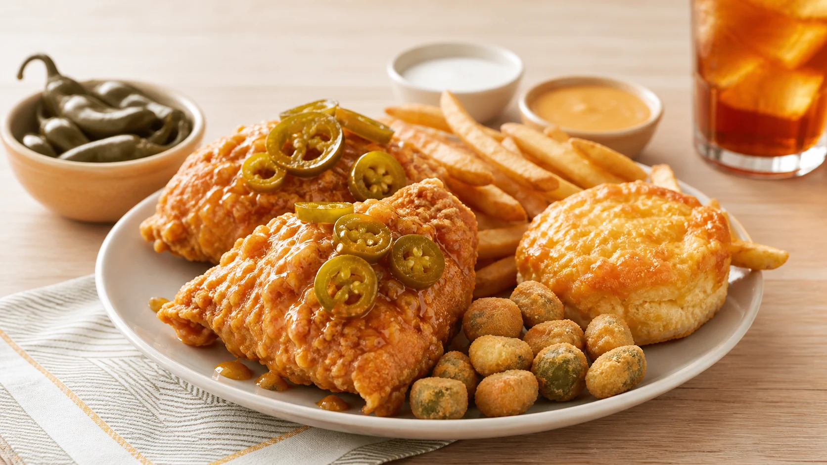 Church's Jalapeño Peppers with fried chicken, fries, biscuit, fried okra, sauces, and iced tea