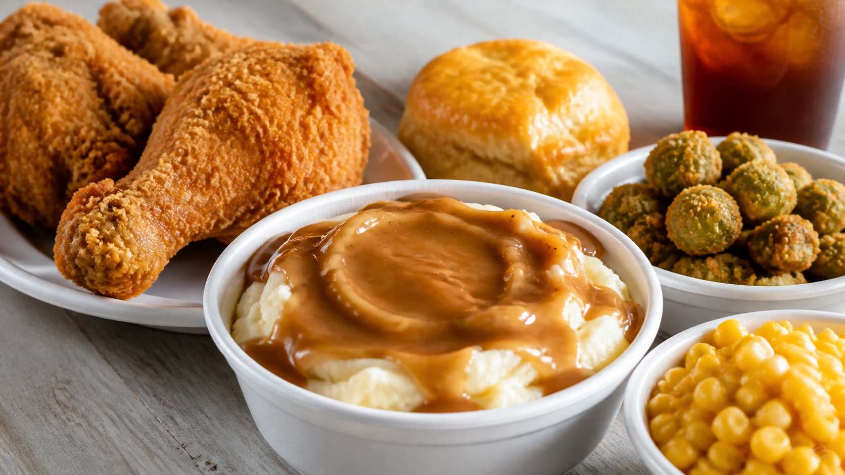 Church's mashed potatoes and gravy with fried chicken, biscuit, fried okra, corn, and iced tea