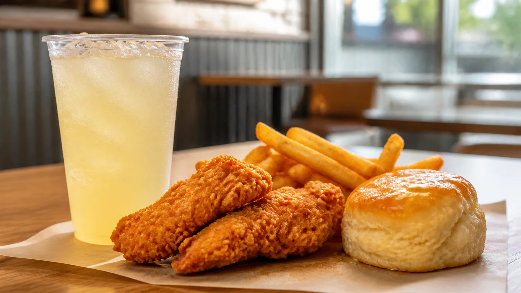 Church's Minute Maid Lemonade style iced lemonade beside tenders, fries, and biscuit