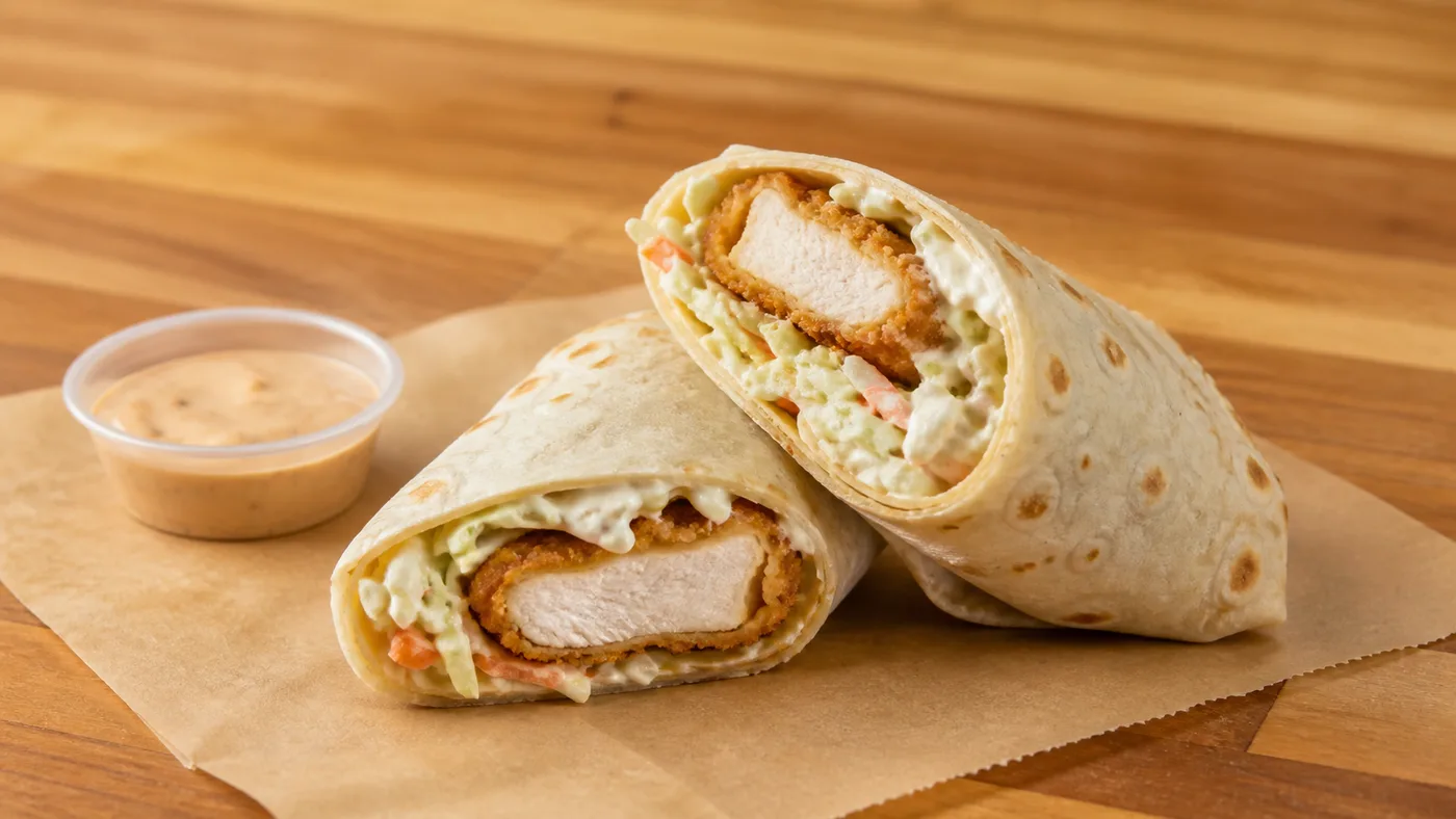 Church's Original Tender Wrap with crispy tender, creamy coleslaw, mayo, and warm tortilla