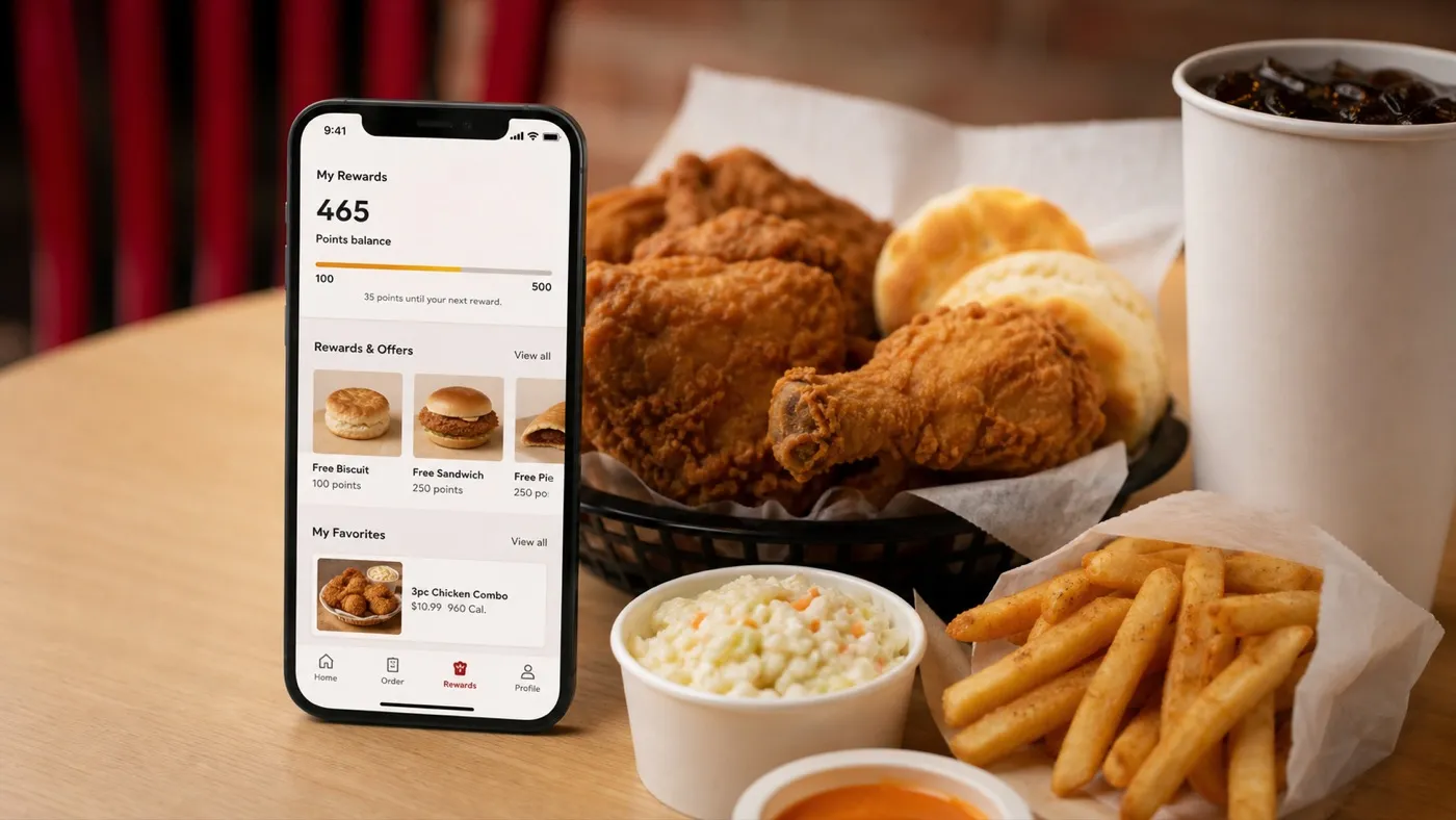 Smartphone rewards app beside fried chicken, biscuits, fries, coleslaw, and drink for Church's Real Rewards guide