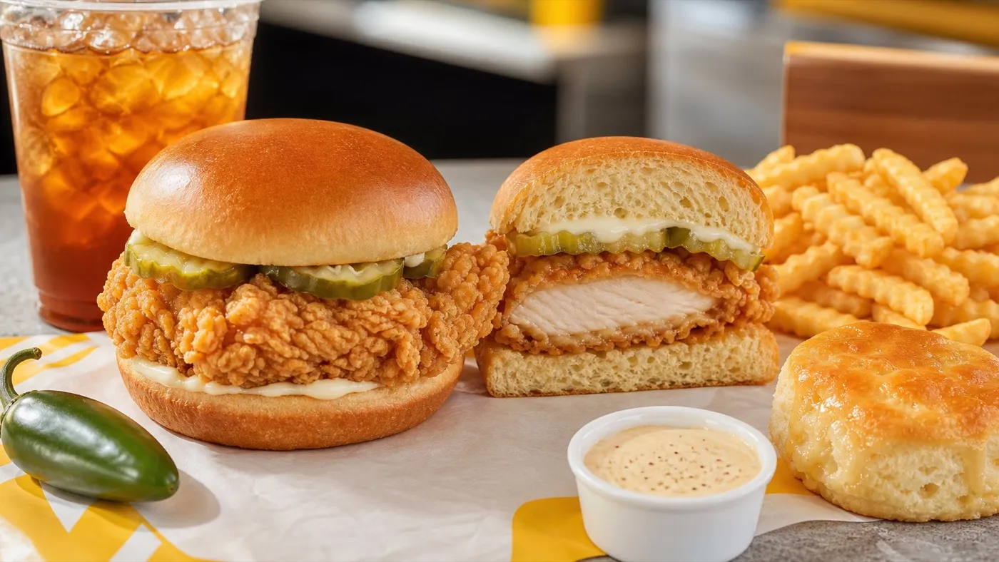 Church's crispy chicken sandwich with pickles, mayo, fries, biscuit, and iced tea