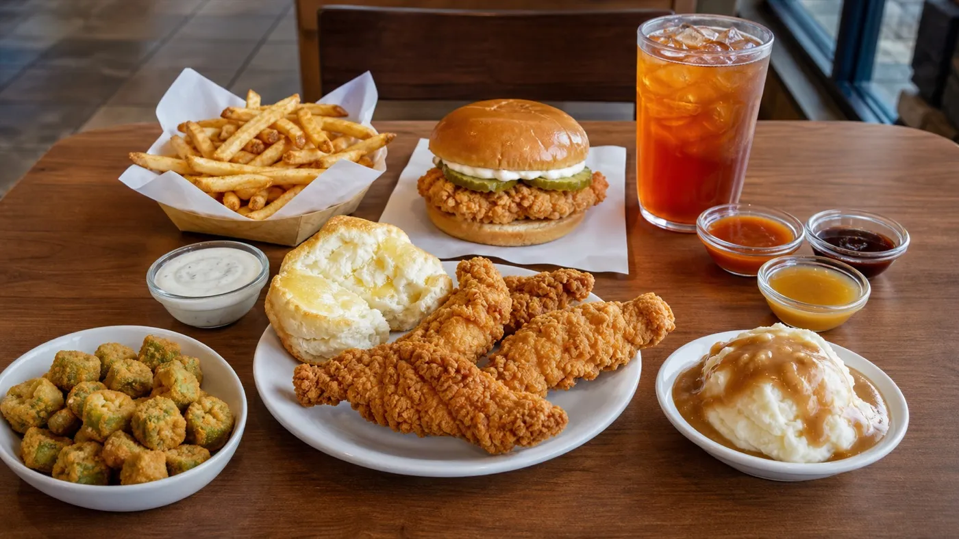 Church's custom order spread with tenders, biscuit, sandwich, sauces, fries, okra, gravy, and iced tea