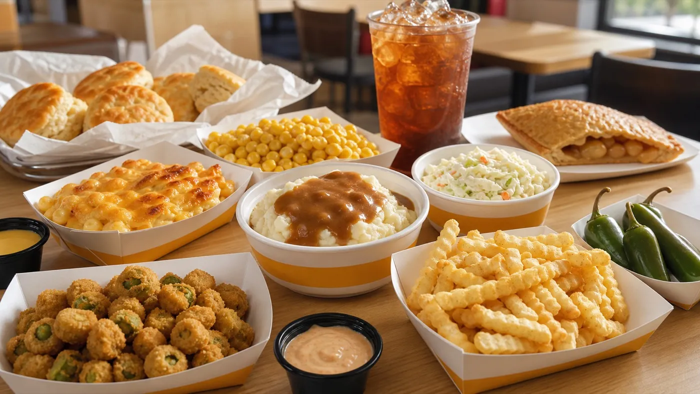 Church's sides spread with fried okra, mashed potatoes, mac and cheese, corn, coleslaw, biscuits, jalapeños, fries, sauces, apple pie, and sweet tea