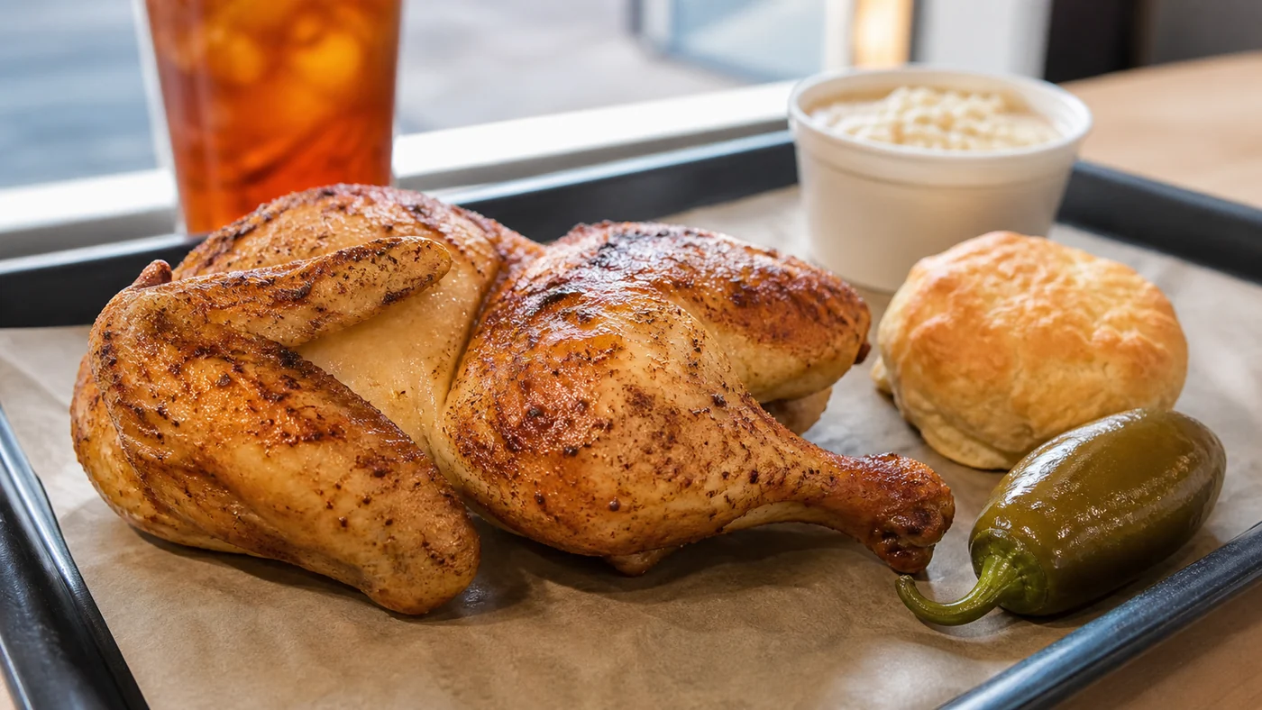 Smokehouse-style half chicken meal with biscuit, jalapeno pepper, side cup, and iced tea