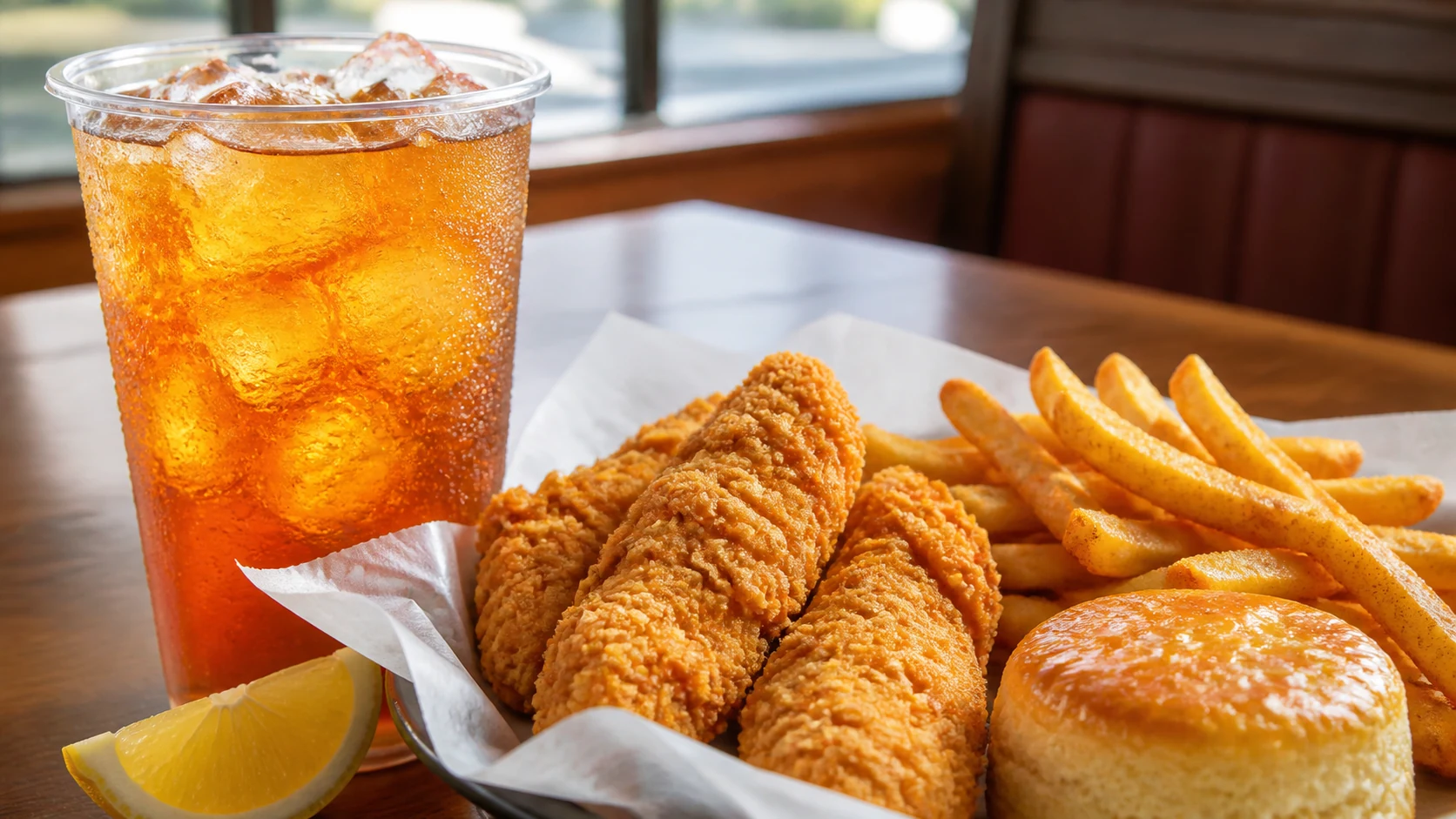 Church's Southern Sweet Tea style iced tea beside tenders, fries, biscuit, and lemon wedge