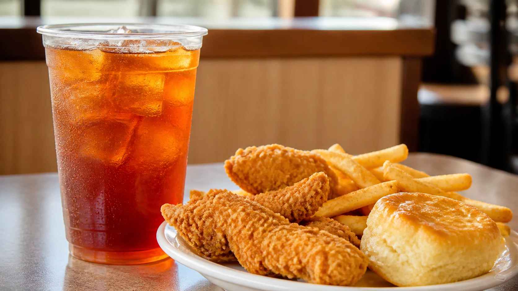 Church's Southern Unsweet Tea style iced tea beside tenders, fries, and biscuit