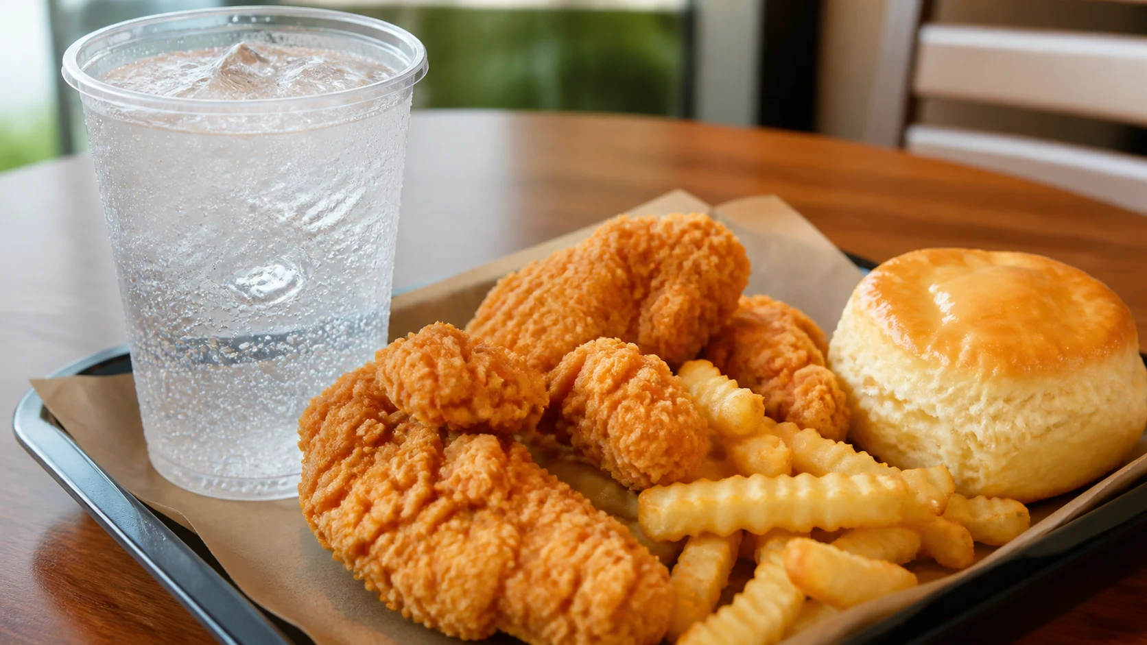 Church's Sprite style lemon-lime soda with ice beside tenders, fries, and biscuit