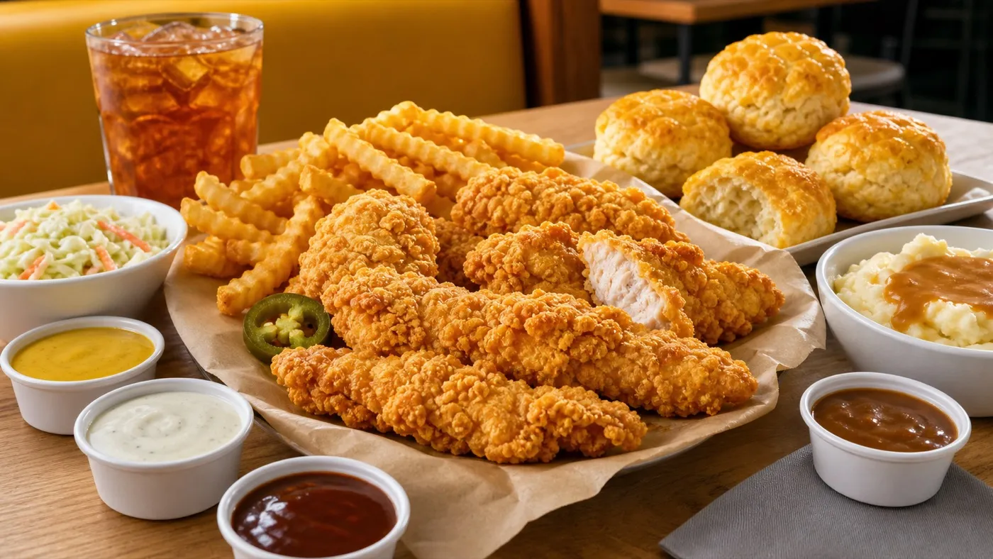 Church's chicken tenders meal with dipping sauces, fries, biscuits, coleslaw, mashed potatoes, jalapeño pepper, and sweet tea