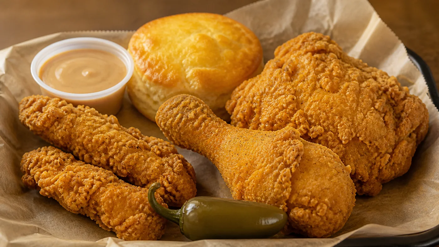 Church's Texas 2PC Feast with fried chicken leg, thigh, tenders, Honey-Butter Biscuit, jalapeno pepper, and dipping sauce