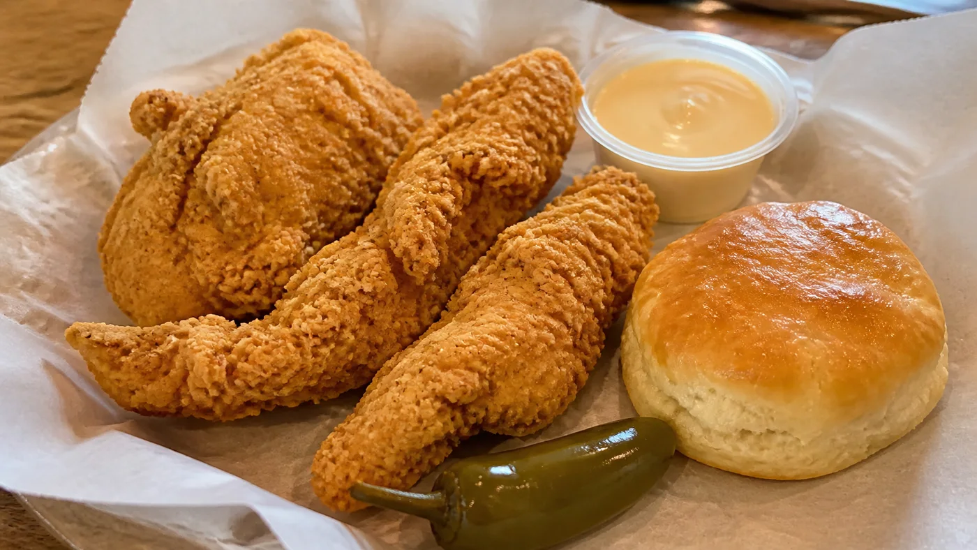 Church's Texas 3PC Feast with three fried chicken pieces, Honey-Butter Biscuit, jalapeno pepper, and dipping sauce