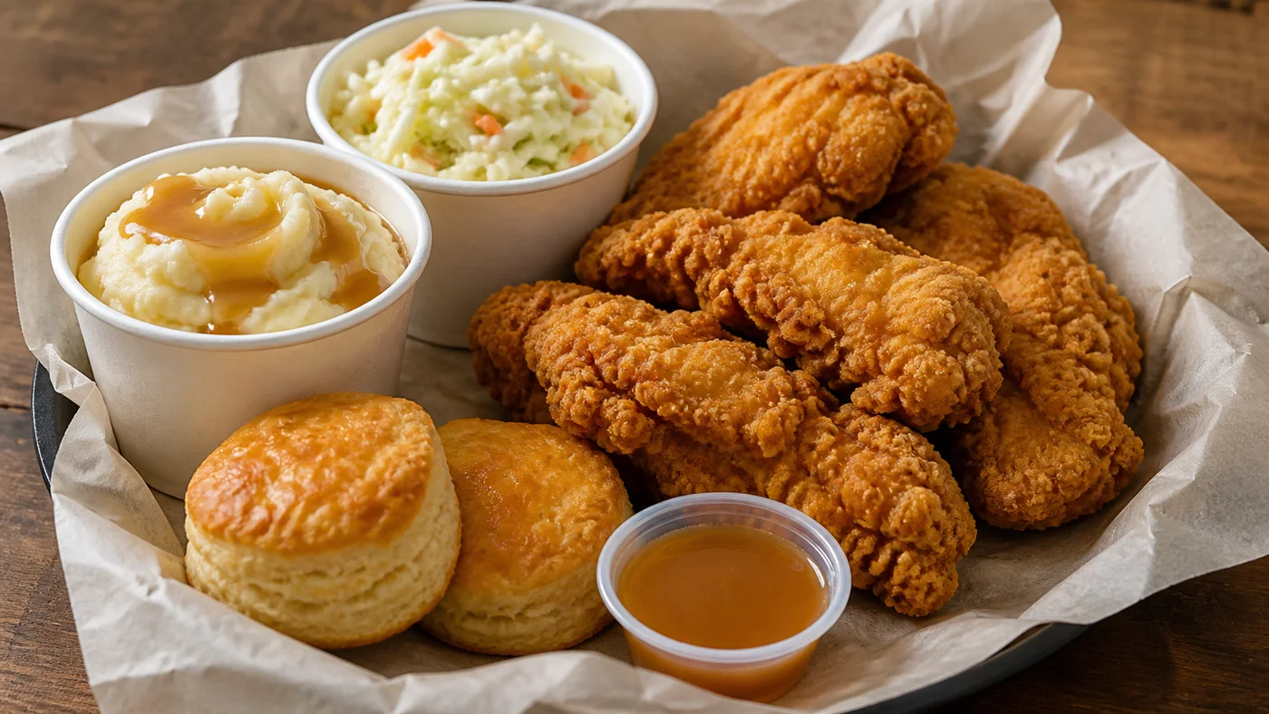 Church's Two Can Dine meal with five fried chicken pieces, two regular sides, two Honey-Butter Biscuits, and dipping sauce