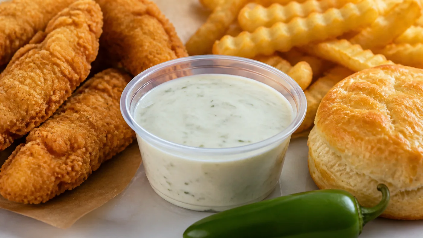Church's Zesty Ranch sauce cup with fried chicken tenders, crinkle fries, biscuit, and jalapeno pepper